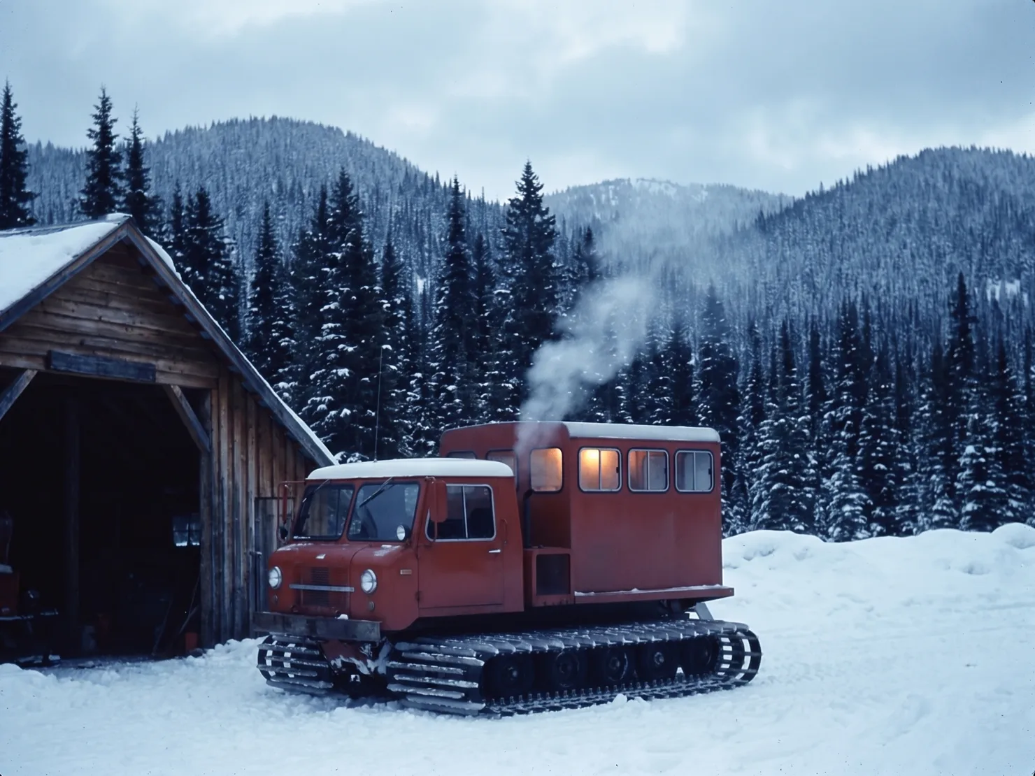 A passenger-cab snowcat, faded red with a white roof, parked outside a timber machine shed at first light, steam rising from its exhaust.