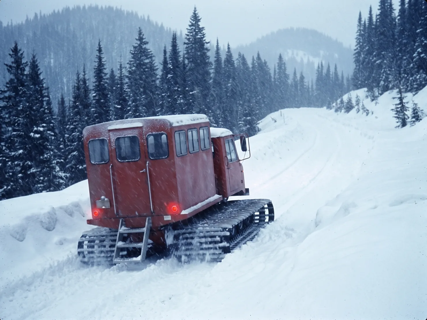 The same passenger-cab snowcat climbing a plowed switchback between deep snowbanks in heavy falling snow, its tail lights glowing.