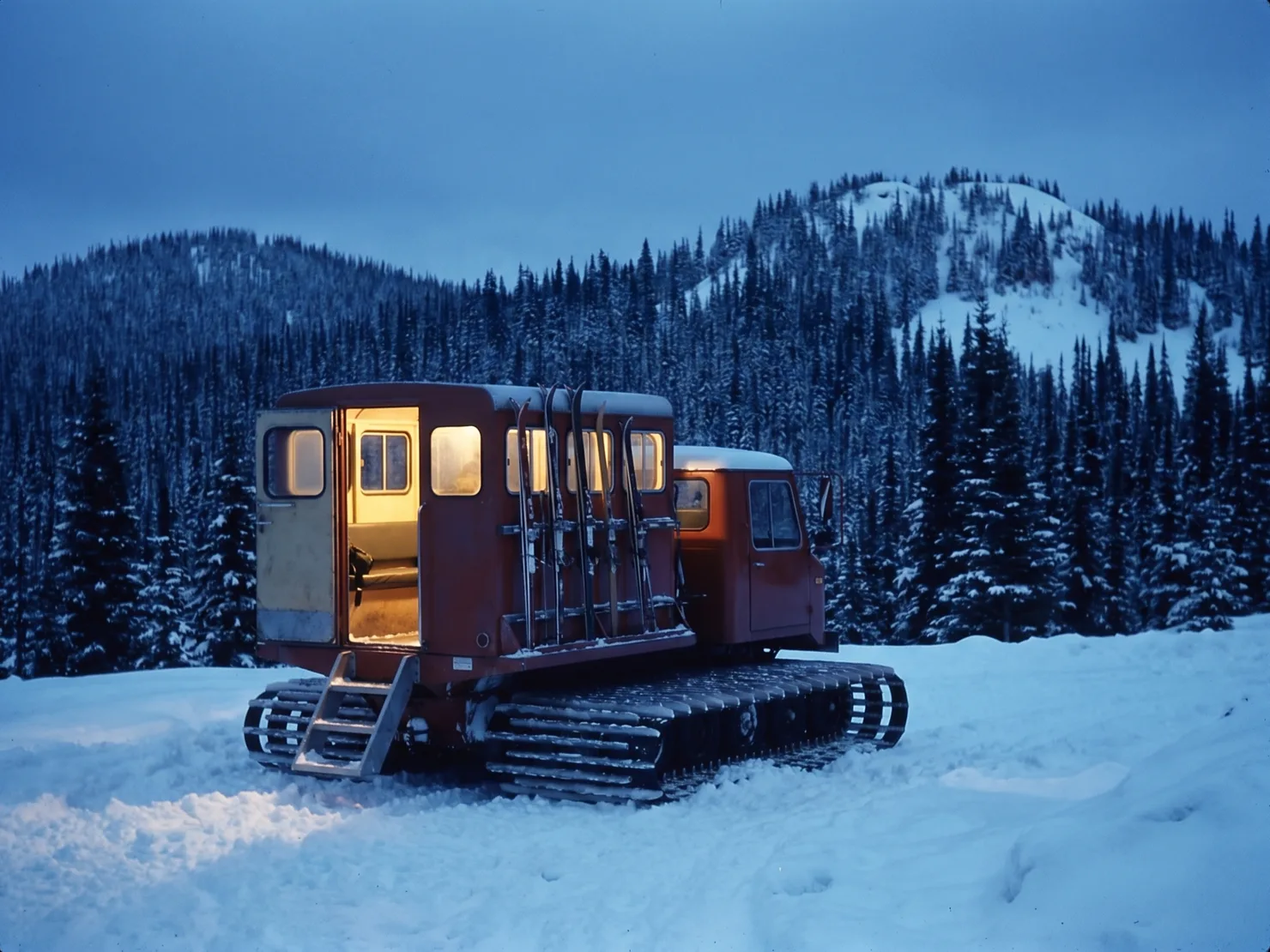 The same passenger-cab snowcat parked on a treeline bench at blue hour, its cab door open with warm light inside and skis racked on its side.