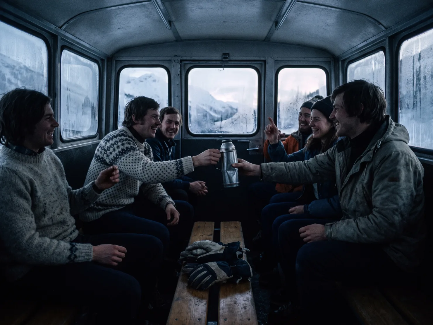 Inside a snowcat cab mid-ride: fogged windows, guests in wool sweaters laughing, a thermos being passed.