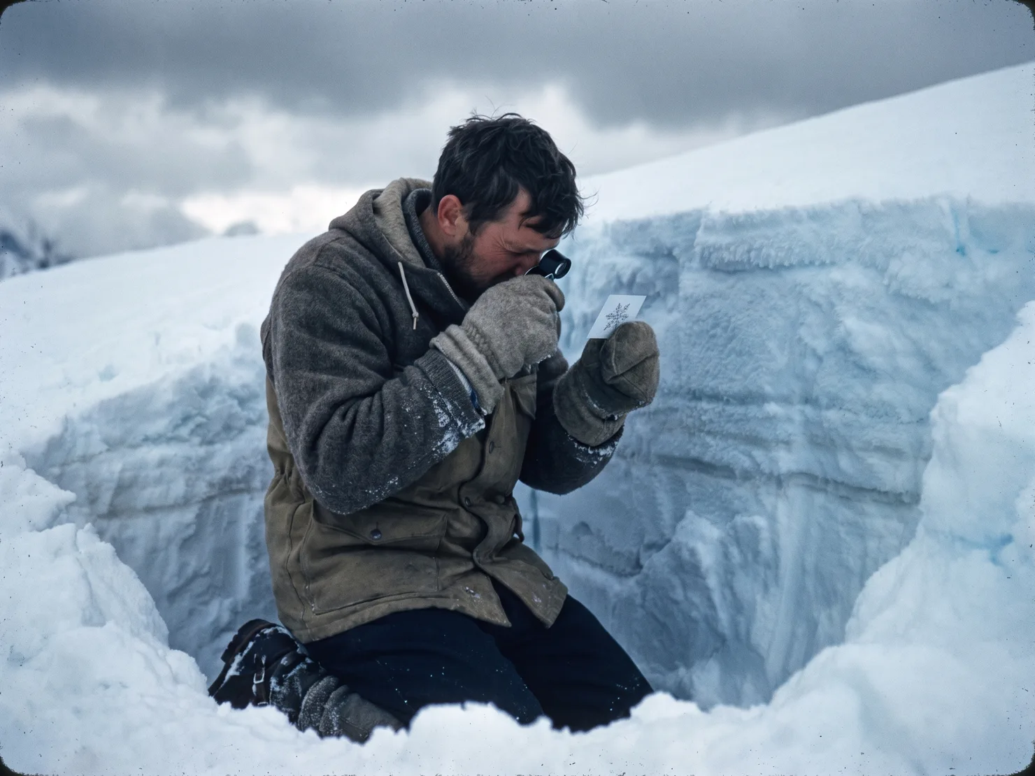 Dev Tarrant kneeling in a dug snow pit, examining a snow crystal card with a loupe beside a cleanly layered snow wall.