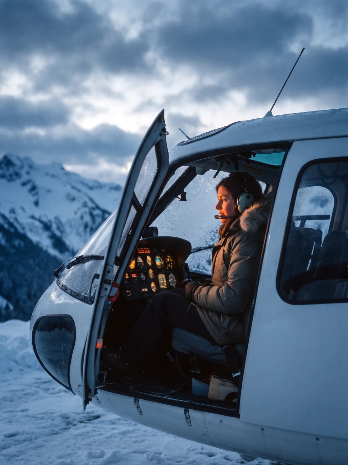 Marta Eriksen, the pilot, in a winter flight jacket and headset, seated at the controls behind the helicopter's open door, the instrument panel lit in the dawn cold.