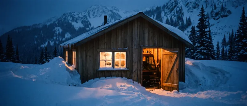 The timber machine shed at blue hour, its door open on a warmed-up snowcat and its window lit