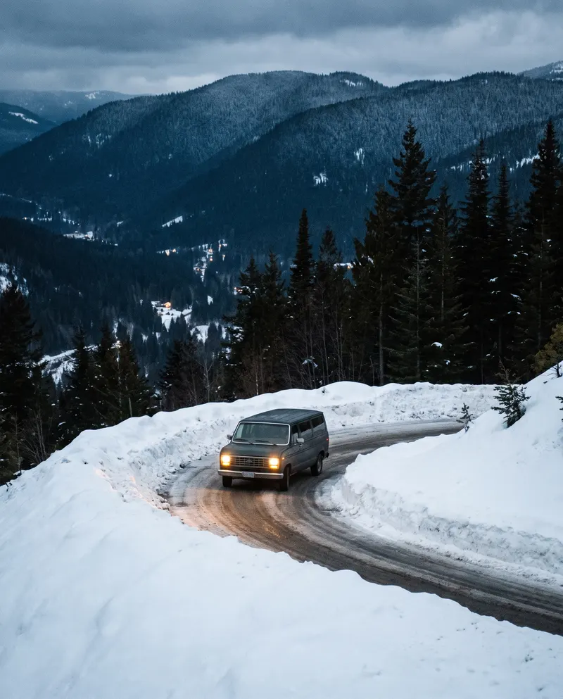 A shuttle van rounding a plowed mountain switchback at dusk