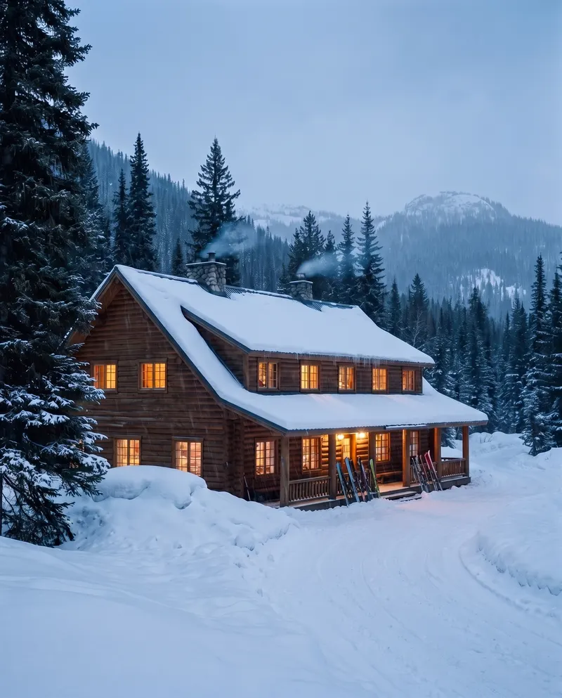 The two-storey log lodge at blue hour, every window lit, skis racked on the porch