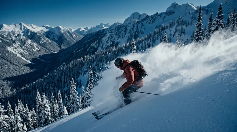 A skier dropping into a steep untracked powder face in a plume of cold smoke