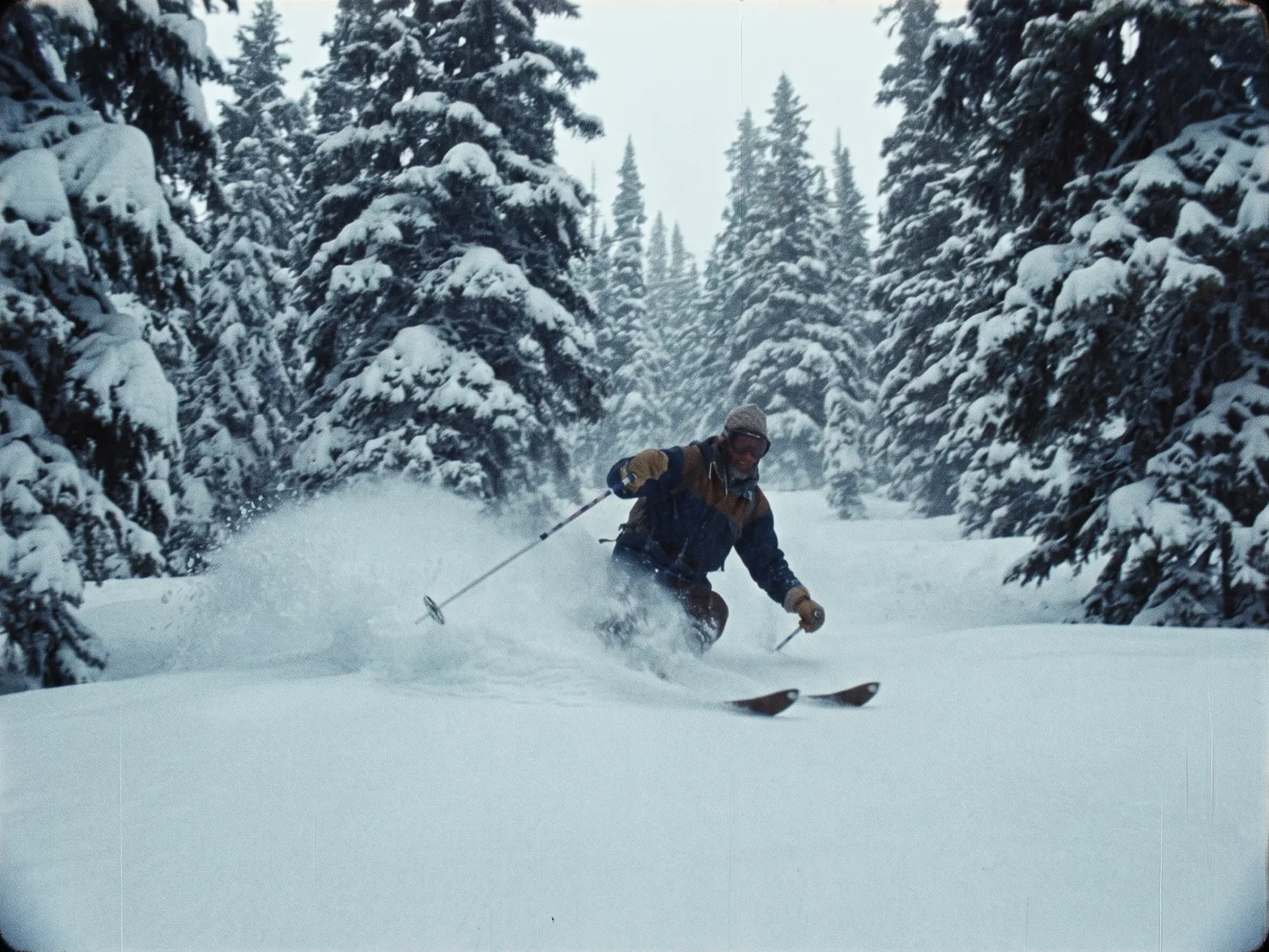 A skier waist deep in powder mid-turn through old-growth fir glades, snow exploding chest high.
