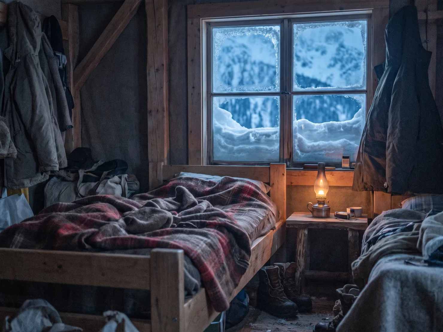 A small timber lodge bedroom at dawn: wool blanket, deep snow piled on the window sill, a warm bedside lamp against blue morning light.