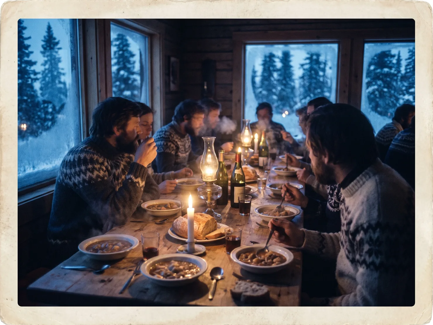 The one long wooden table mid dinner service: steam off shared dishes, wool sweaters, candle and lamp light, dark snowy windows beyond.