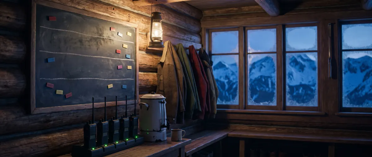 The boot room before dawn: the slate board with blank group tags, the radio rack charging, the coffee urn