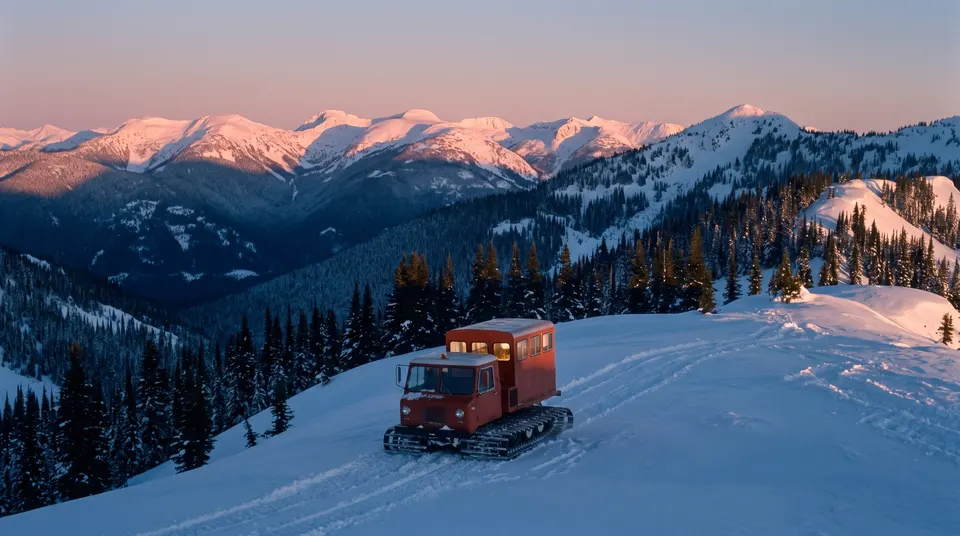A snowcat with its windows lit heading home along a ridge under pink alpenglow