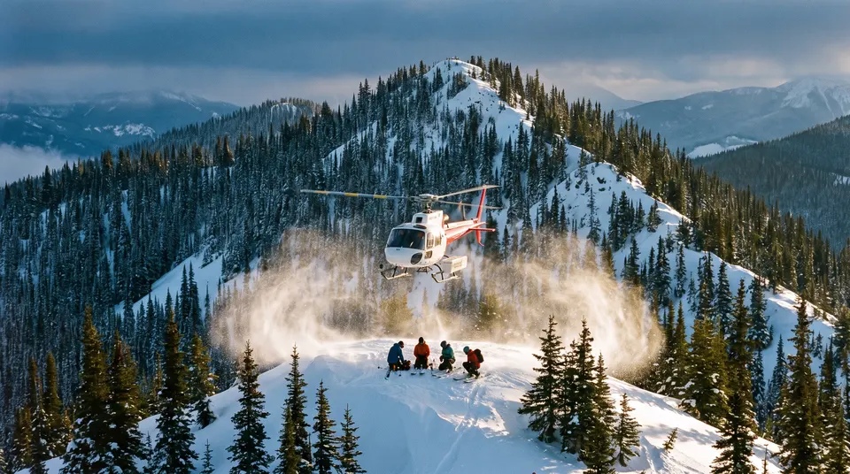 A white and red AS350 B3 helicopter with three main rotor blades lifting off a narrow snowy summit ridge in morning sun, rotor wash throwing powder into the air, four skiers crouched by their skis below it.