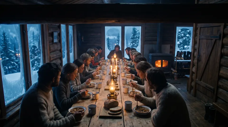 Guests in wool sweaters eating stew at one long plank table, lamps and candles down the middle, a wood stove glowing at the far end and snow outside the windows.