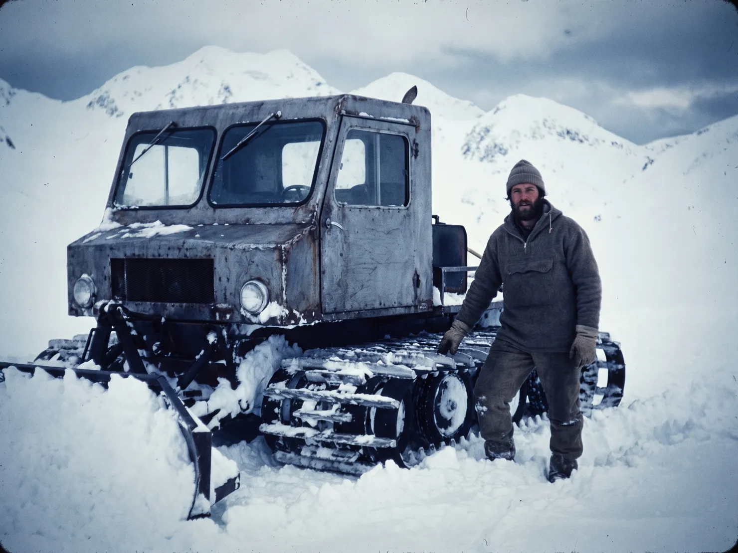 A late-1970s photograph: the first snowcat with its home-welded cab in deep snow, Gus Marchant standing beside it with one hand on the track.